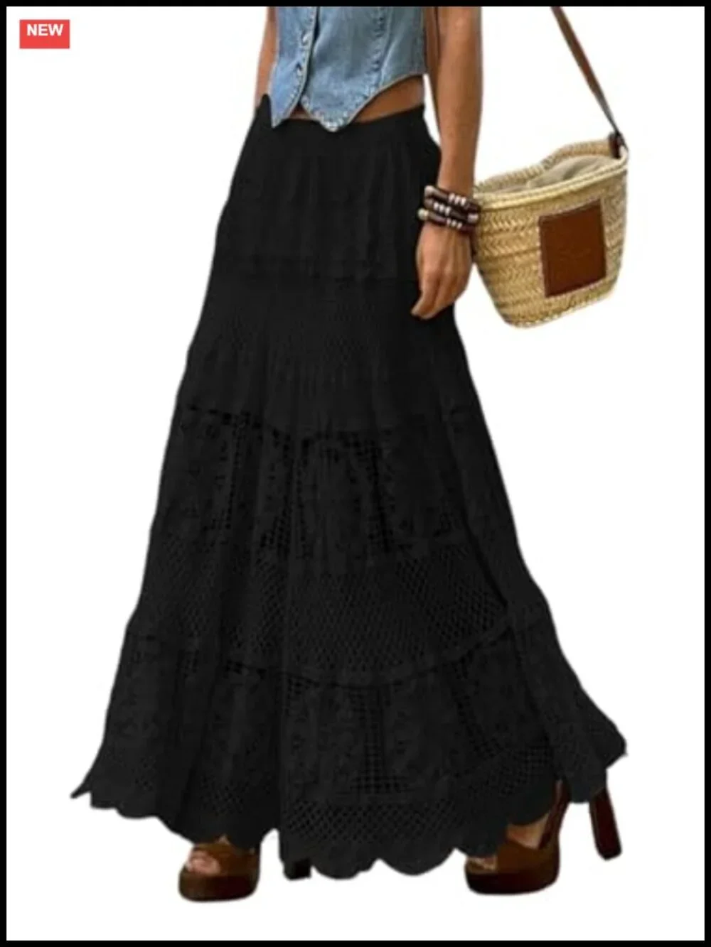 Women's Boho Floral Lace Crochet Maxi Skirt A-Line Flowy